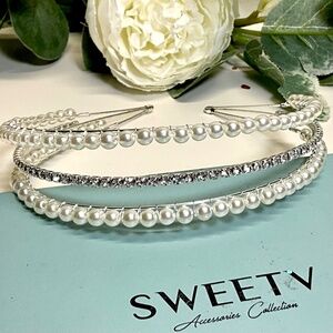 SWEETV Pearl Wedding Headband Silver Double Band Bridal Headpieces Crystal Tiara